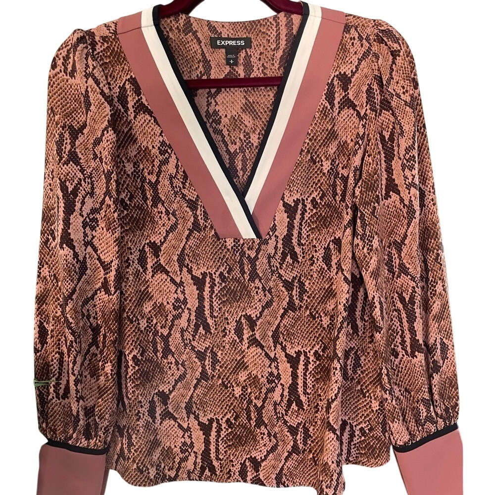 Express Snakeskin Print V-Neck Blouse Mauve Brown Long Sleeve Striped Trim Small